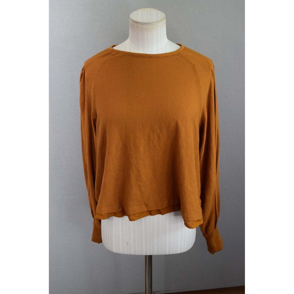 Free People Billie Small Mustard Orange Ribbed Balloon Sleeve Pleated Back Boho